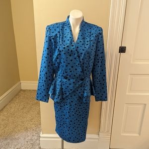 Vintage Apostrophe blue and abstract polka dot print skirt set size 16